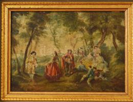 Györök Leó (1847-1899): Társaság a szabadban. Olaj, karton. Jelezve jobbra lent. Dekoratív, kissé sé...