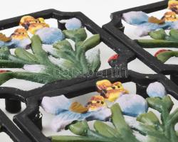 6 darab szecessziós stílusú öntöttvas edényalátét, virág- és bogármintákkal festett, 10,5x10,5 cm, n...