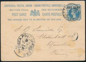 1895 Díjjegyes levelezőlap &quot;CALCUTTA&quot; - München &quot;SEA POST OFFICE&quot;