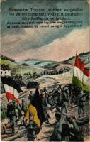 1915 Russische Truppen suchen vergeblich die Vereinigung österr.-ung. u. deutscher Streitkräfte zu verhindern / Az orosz csapatok nem képesek megakadályozni az osztrák-magyar és német seregek egyesülését / WWI German and Austro-Hungarian K.u.K. military art postcard (kopott sarkak / worn corners)