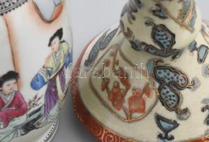 Kínai kézzel festett váza és gyertyatartó, egyik jelzett, kis kopással, m: 19-22 cm