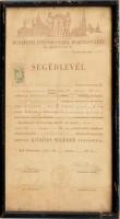 1947 Budapesti Építőmesterek Ipartestülete által kiállított kőműves segédlevél, aláírásokkal, 1Ft illetékbélyeggel, üvegezett fakeretben, 34x21,5 cm