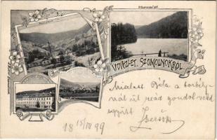 1899 (Vorläufer) Szomolnok, Schmölnitz, Smolník; Pécs akna, Uhornai tó, M. k. dohánygyár. J. Ritter kiadása / mine, lake, tobacco factory. Art Nouveau, floral (EK)