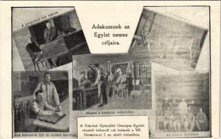 Budapest XIV. Vakokat Gyámolító Országos Egylet részéről felkarolt vak katonák a Hermina út 7. sz. alatti intézetben. Adakozzunk az Egylet nemes céljaira: zongorázó vak katona, vak katonáink írni és olvasni tanulnak, tornateremben, intézet kertjében, munka a kefekötő műhelyben - Hátoldalon segélylap, nem képeslap hátoldalú