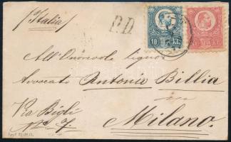 1872 Levél Réznyomat 5kr + 10kr bérmentesítéssel PEST - MILANO + P.D bélyegzés