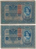 Ausztria 1919. (1902.) 1000K mindkét oldal német, függőleges piros DEUTSCHÖSTERREICH felülbélyegzéssel (2x) T:VG Austria 1902. 1000 Kronen both sides German, with vertical red DEUTSCHÖSTERREICH overprint (2x) C:VG Krause P#59