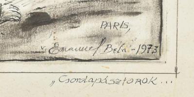 Emanuel Béla (1879-1976): Csodapásztorok, 1973. Tus, papír, jelezve jobbra lent. Emanuel Béla autogr...