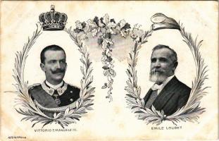 III: Viktor Emánuel Olasz király és Emil Loubet, Franciaország elnöke., Vittorio Emanuele III, Emile Loubet / Victor Emmanuel III, King of Italy, Emil Loubet, President of France. Floral