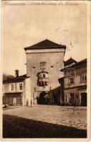 1933 Körmöcbánya, Kremnitz, Kremnica; Mestská brána / Városi kapu, F. Tandlich üzlete / gate, shop (EK)