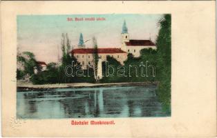 Munkács, Mukacheve, Mukachevo, Mukacevo; Szt. Bazil rendű zárda. Bertsik Emil kiadása / convent + &quot;KIRÁLYHÁZA-MISKOLCZ-BUDAPEST 34&quot; vasúti mozgóposta