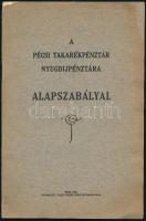 1930 A Pécsi Takarékpénztár alapszabályai. Pécs, 1930, Taizs József,39 p. Papírkötés, a borító hátsó sarkán kis hiánnyal, hiányos címlappal, foltos.