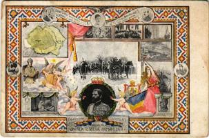 Unirea Tutulor Romanilor / Ferdinand I, King of Romania, patriotic propaganda. Art Nouveau (wet corner), I. Ferdinánd Románia királya, Art Nouveau (ázott sarok)