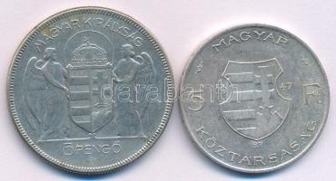 1930. 5P Ag "Horthy jobbra" + 1947. 5Ft Ag "Kossuth" T:VF Adamo P8, F8.1
