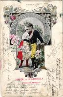 1902 Jeník a Marenka "Prodaná Nevesta" / Czech folklore art postcard. Art Nouveau, floral, 1902 Cseh folklór, 'Elkelt menyecske'. Art Nouveau,