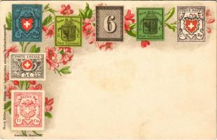 Set of Swiss stamps / Henry Heller (Bern) ältestes und bedeutendstes schweiz. Briefmarkengeschäft. Art Nouveau, floral, litho, Svájci bélyeg szett. Art Nouveau, floral, litho