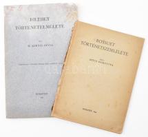 Vegyes könyvtétel, 2 db:   Mück Dorottya: Bossuet történelemszemlélete. Bp., 1944, (Athenaeum-ny.), 72+4 p. Kiadói papírkötés, kissé foltos borítóval, sérült gerinccel. Jacques-Bénigne Bossuet (1627-1704) francia katolikus püspök, teológus, író.;   Kornis Gyula: Dilthey történetelmélete. Bp., 1913,Franklin, 47 p. Kiadói papírkötés, foltos, rossz állapotban.;