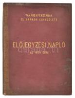 1929 Takarékpénztárak és Bankok Egyesülete előjegyzési napló az 1929. évre. Benne korabeli reklámokkal. Korabeli aranyozott félvászon-kötésben, kopott, foltos borítóval, benne számos korabeli ceruzás bejegyzéssel.