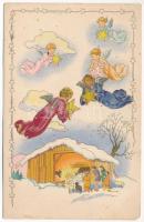 Christmas greeting art postcard with angels, Karácsonyi üdvözlőlap.