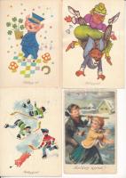 28 db MODERN magyar retro grafikai újévi üdvözlő képeslap. Képzőművészeti Alap / 28 modern Hungarian retro New Year greeting graphic postcards