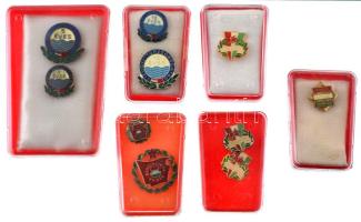 ~1970-1980. 6db-os törzsgárda és szocialista brigád jelvény tétel, miniatűrrel, mind műanyag tokban, közte ~1970. "Kiváló Ifjú Szakmunkás" műgyantás fém kitűző (18x18mm) T:AU,XF