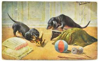 4 darab tacskóval kapcsolatos tárgy: plexi tacskó, bronz tacskó, bronz tacskó fa talapzaton, tacskók...