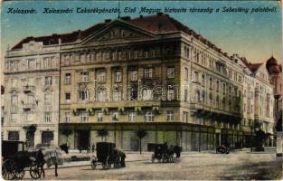 Kolozsvár, Cluj; Takarékpénztár Első Magyar Biztosító társaság, Sebestyén palota, konflisok / saving banks palace, horse chariots (kopott sarkak / worn corners)