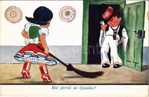 Hungarian folklore art postcard, angry wife, drunk husband humour, Hol jártál az éjszaka? Magyar humoros folklór művészlap