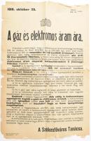 1918 A gáz és elektromos áram ára, Budapest Székesfőváros Tanácsának hirdetménye, 1918. okt. 29., hajtva, kisebb sérülésekkel, 47x31 cm