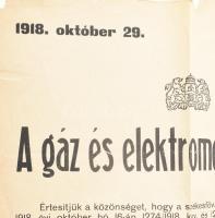 1918 A gáz és elektromos áram ára, Budapest Székesfőváros Tanácsának hirdetménye, 1918. okt. 29., ha...