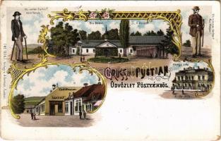 1898 (Vorläufer) Pöstyén, Pystian, Piestany; Die Bäder, Königs Villa, Café Strasser, Wo wollen Sie hin? Nach Pöstyén! Wo kommen Sie her? Aus Pöstyén! / A fürdők, Király villa, Strasser kávéház / spa, baths, café, villa. Verlag v. A. Bernas No. 1328. Art Nouveau, floral, litho (Rb)