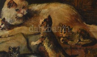 Jelzés nélkül: Macskacsalád kiscicákkal. Olaj, vászon. Dekoratív, sérült fakeretben. 40x50 cm