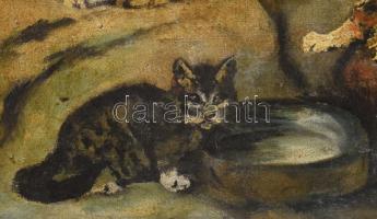 Jelzés nélkül: Macskacsalád kiscicákkal. Olaj, vászon. Dekoratív, sérült fakeretben. 40x50 cm