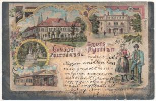 1904 Pöstyén, Pystian, Piestany; Gyógyterem, Cs. és kir. katonai kórház, Úri utca, népviselet, szobor, A. Bernas üzlete és saját kiadása / spa, K.u.K. military hospital, street, statue, folklore, shop. Art Nouveau, floral, litho (fa)