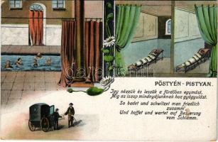 1925 Pöstyén, Pistyan, Piestany; Így nézzük és lessük a fürdőben egymást, míg az iszap mindnyájunknak hoz gyógyulást / spa life, mud spa, treatment. Art Nouveau, floral s: Fr. Haschzick (kopott sarkak / worn corners)