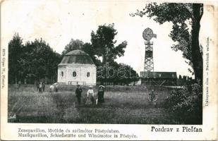 Pöstyén, Pistany, Piestany; Zenepavilon, lövölde és szélmotor (szélmalom). Gipsz H. 6175. / Musikpavillon, Schiessstätte und Windmotor / music pavilion, shooting hall, wind engine (windmill) (EK)