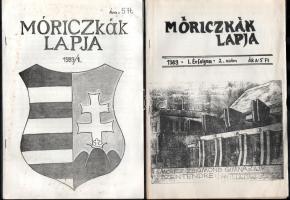 1989 Móriczkák Lapja I. évf. 1. és 2. sz., a szentendrei Móricz Zsigmond Gimnázium negyedévente megjelenő lapja. Tűzve, kissé foltos címlappal. Megjelent 150 példányban.