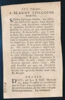1755 Tyrnavie Nagyszombat rézmetszetű szentkép S. Blasius 6x13 cm