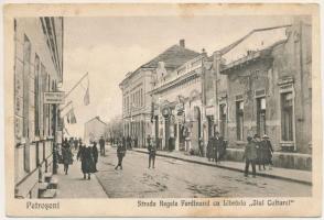 1924 Petrozsény, Petroseni, Petrosani; Strada Regele Ferdinand cu Libraria Jiul Cultural / Ferdinánd király útja, üzletek / street view, shops (vágott / cut)