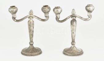 Art deco ezüstözött gyertyatartó pár, kopással, kétágú, m: 21 cm