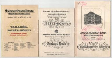 ~1914-1945. 3db klf takarékbetétkönyv, közte "Magyar-Olasz Bank Részvénytársaság", "Magyar Országos Központi Takarékpénztár", "Angol-Magyar Bank Részvénytársaság"