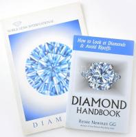 2 db gyémánt kézikönyv: Renée Newman: Diamond Handbook. How to Look at Diamonds & Avoid Ripoffs. Los Angeles, 2005, International Jewelry Publications. Fekete-fehér fotókkal illusztrálva. Angol nyelven. Kiadói papírkötés, a borító és a lapok sarkán kis folttal, szövegkiemelős jelölésekkel. + Marijan Dundek: Diamonds. London, 1999, Noble Gems. Kiadói papírkötés.