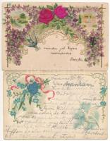 4 db RÉGI hosszú címzéses szecessziós dombornyomott litho selyem üdvözlő képeslap / 4 pre-1905 Art Nouveau, embossed litho greeting silk postcards