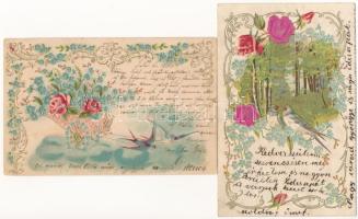 4 db RÉGI hosszú címzéses szecessziós dombornyomott litho selyem üdvözlő képeslap / 4 pre-1905 Art N...