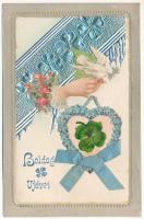 1909 Boldog újévet! Szecessziós dombornyomott rátétes üdvözlő képeslap / New Year greeting. Art Nouveau, embossed litho (EK)