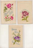 3 db RÉGI szecessziós dombornyomott hímzett üdvözlő képeslap / 3 pre-1945 Art Nouveau, embossed embroidered greeting postcards