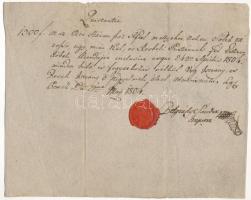 1804. Haszonbérlet 1300Ft-os teljes megfizetéséről szóló nyugta (Quietantia), merített papíron, viaszpecséttel