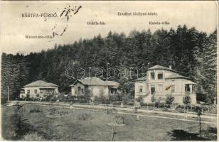 1907 Bártfa, Bártfafürdő, Bardejovské Kúpele, Bardejov; Erzsébet királyné körút, Waldmann és Karola villa, Gizella lak. Kiadja Divald Adolf 226. / street view, villas (EK)