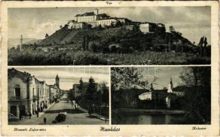 1943 Munkács, Mukacheve, Mukacevo; vár, Kossuth Lajos utca, Goldstein üzlete, Kolostor / castle, street view, shops, monastery (fa)