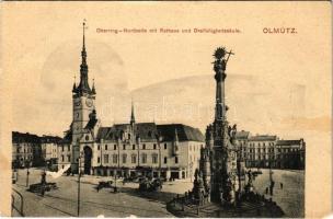 1907 Olomouc, Olmütz; Oberring-Nordseite mit Rathaus und Dreifaltigkeitssäule / square, town hall, Holy Trinity statue, market (EM)