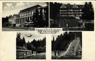 Felsőzúgó-fürdő, Ruzsbachfürdő, Bad Ober Rauschenbach, Kúpele Vysné Ruzbachy; strand, csúszda, fürdőszálló / spa, hotel, slide